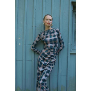 Suboo Print "Shibori" High Neck Side Ruching Long Sleeve Bodycon Dress - XS